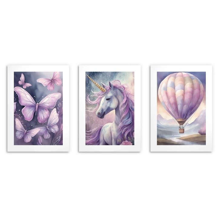 3 darabos festménykészlet gyerekszobába, Naklejkomania, Unikornis, Lufi, Pillangók, 30x40cm