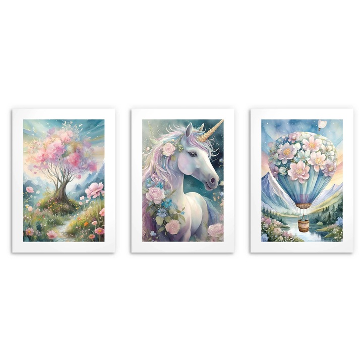 Set de 3 tablouri pentru camera copilului, Naklejkomania, unicorni si copaci, 50x70cm, culori intense