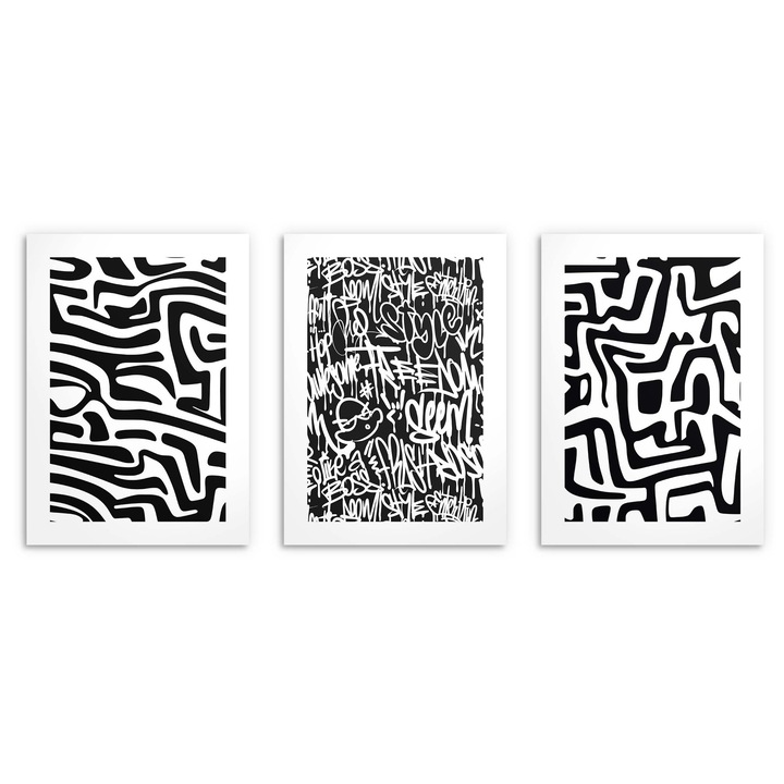 Комплект от 3 модерни картини, Абстракция, Графити, 50x70 см, черно-бяло