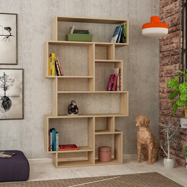 Biblioteca KARMATO, Decortie, stejar safir, 96x168.5x25.5cm, design modern, multi-compartiment