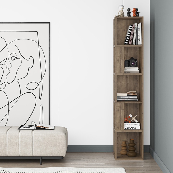 Biblioteca coltara PIANO, Decortie, 5 rafturi, maro, 158.9x31.4cm