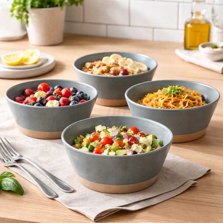 Set 4 boluri, ceramica, 15x6cm, 570ml, gri inchis cu puncte negre si baza mata, Callena Saturn