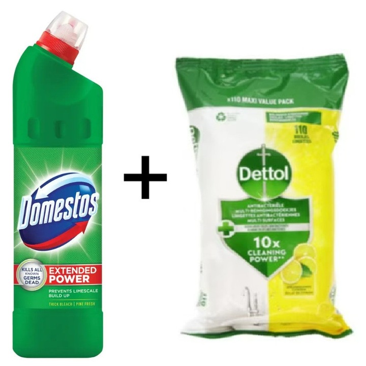 Detergent universal Domestos Green 750 ml + servetele umede antibacteriene Dettol, 110 foi, citrice