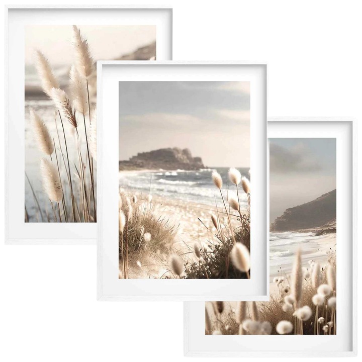 Set tablouri 30x40cm, Tryptyk Boho, 3 rame albe, imprimeu HD pe hartie fotografica premium