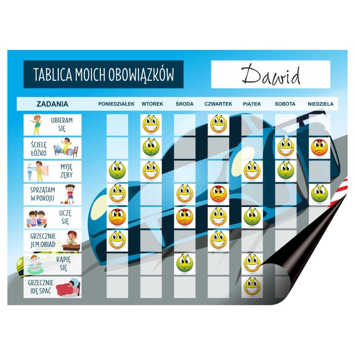 Motivációs mágneses tábla gyerekeknek, Naklejkomania, 40x30cm, 118 hangulatjel, 20 mágnes feladatokkal