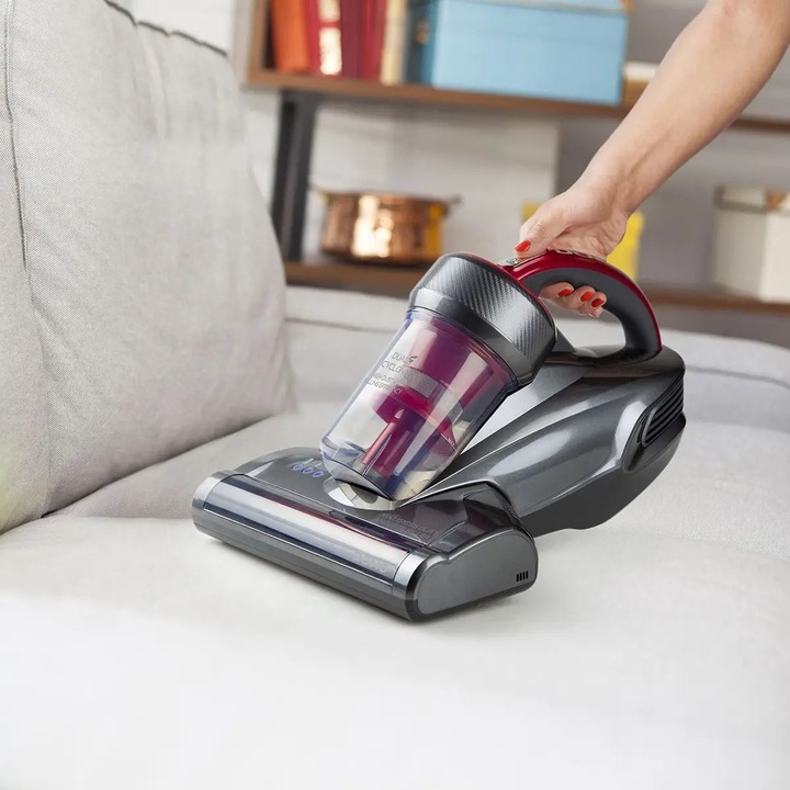 Aspirator antiacarieni pentru saltele si lenjerii de pat cu lampa UV DOMO, elimina acarienii, plosnitele si parul animalelor, curata si dezinfecteaza, filtru HEPA, ideal pentru covoare, canapele, textile, rezervor 0.5 litri, putere 700 W, antracit