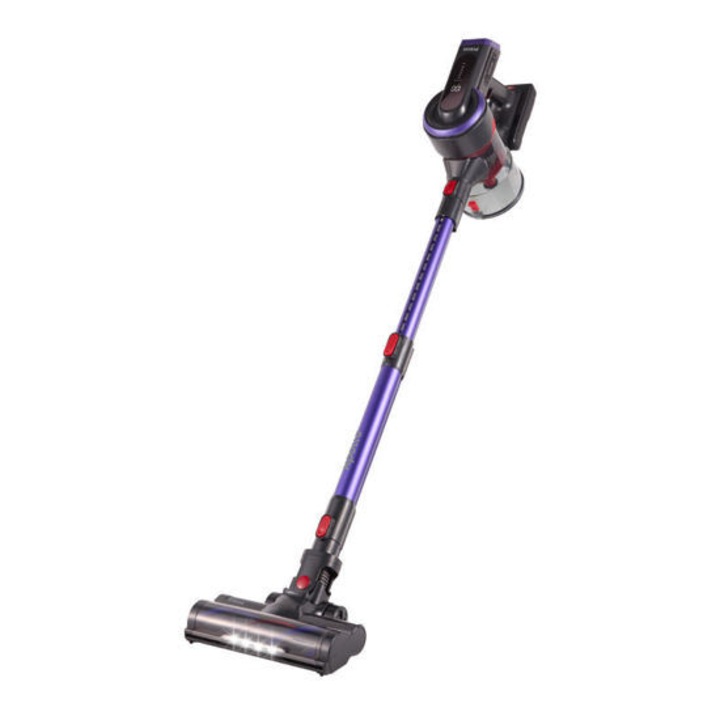 Безжична вертикална прахосмукачка Primo PRVC-40483, BLDC мотор 400W, 25.9V, обем на резервоара 1.2 л, телескопична тръба, максимално време на работа 55 мин, лилаво-черна