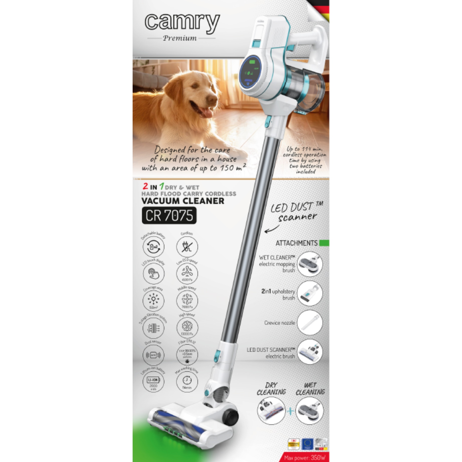Aspirator Vertical 2 In 1 Cu Accesorii, Camry, Cr7075, Executie De Inalta Calitate, Putere Maxima 350 W, Atentie La Detalii, Filtrare In 3 Etape Cu Filtru Hepa 12, Negru, 2 Acumulatori Li-Ion