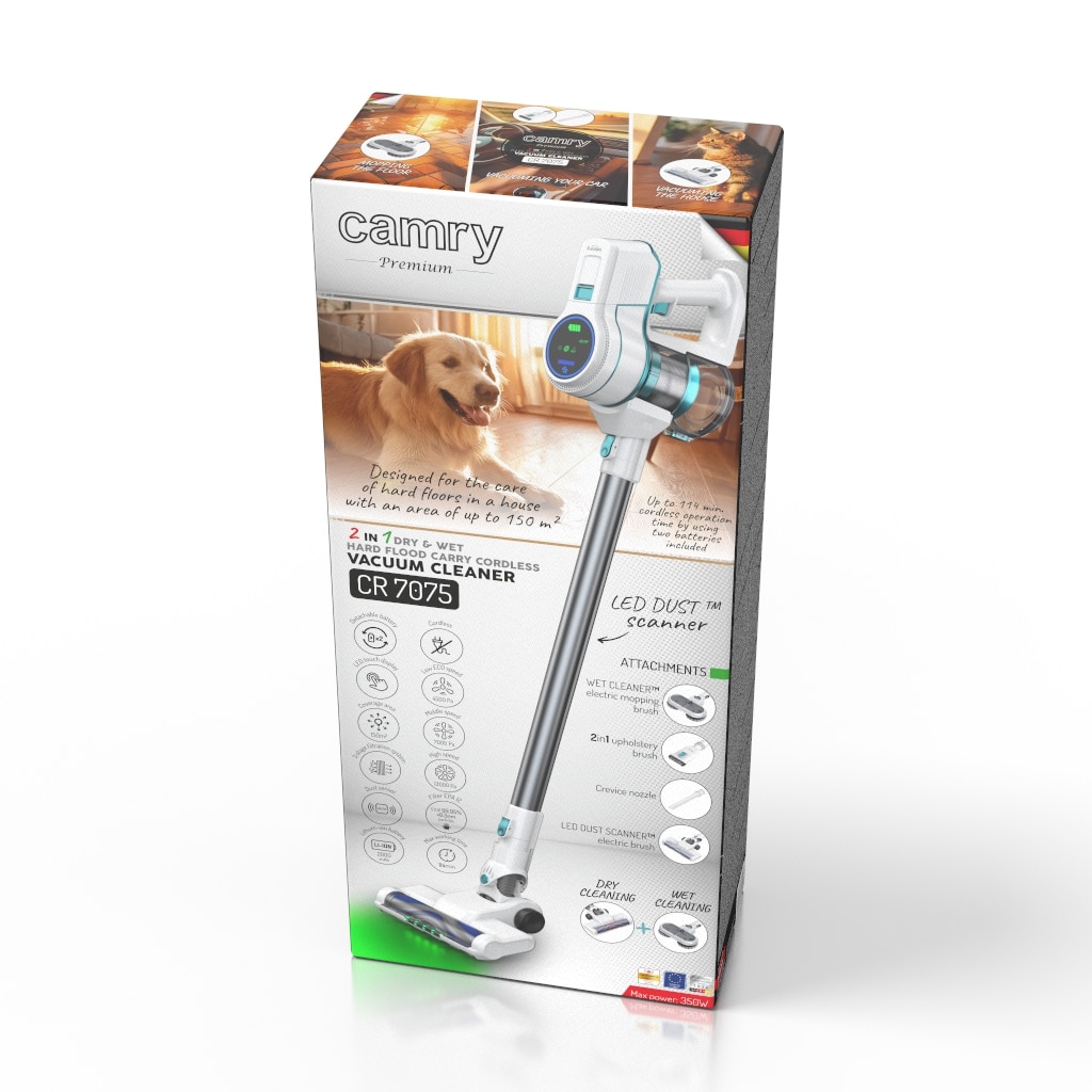 Aspirator Vertical 2 In 1 Cu Accesorii, Camry, Cr7075, Executie De Inalta Calitate, Putere Maxima 350 W, Atentie La Detalii, Filtrare In 3 Etape Cu Filtru Hepa 12, Negru, 2 Acumulatori Li-Ion