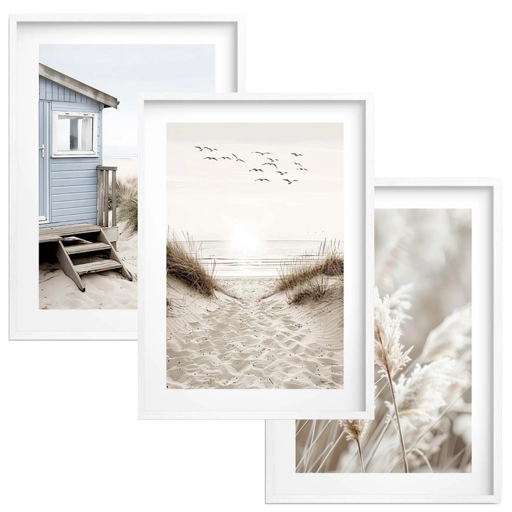 Комплект от 3 картини с бели рамки, Naklejkomania, 30x40см, HD печат, ярки цветове