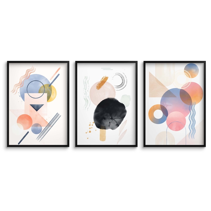 Set tablouri, 3x30x40cm, imprimeu HD, rame negre, decor modern