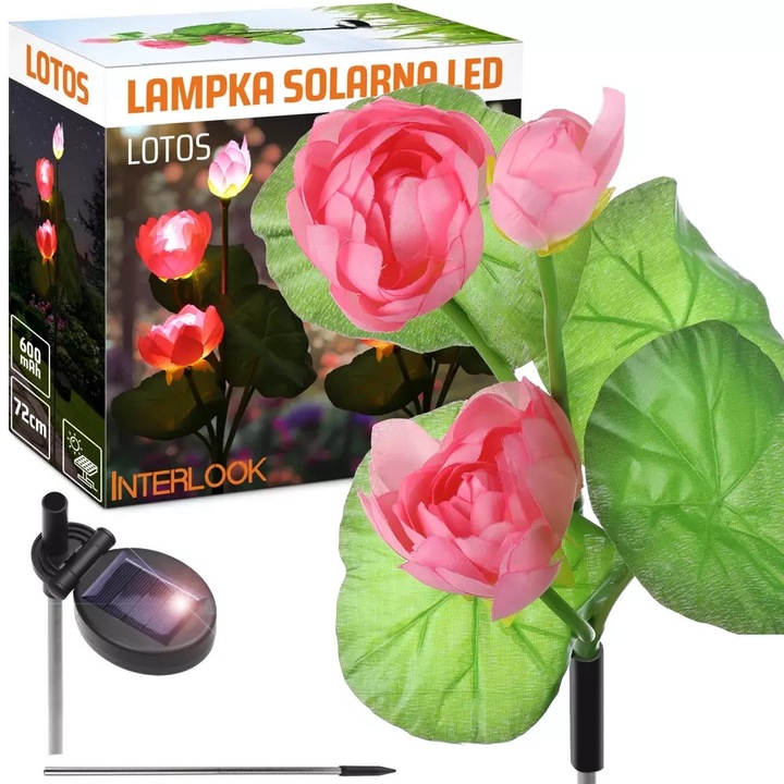 Lampa solara, Interlook, fld-25-roz, 72 cm, 600 mAh, pornire automata, fara fir, aspect frumos, atmosfera unica, libertate de asamblare, roz, setul include: 1 bucata, material: plastic, caracteristici: lampa LED, lampa in forma de lotus, lampa cu nufar