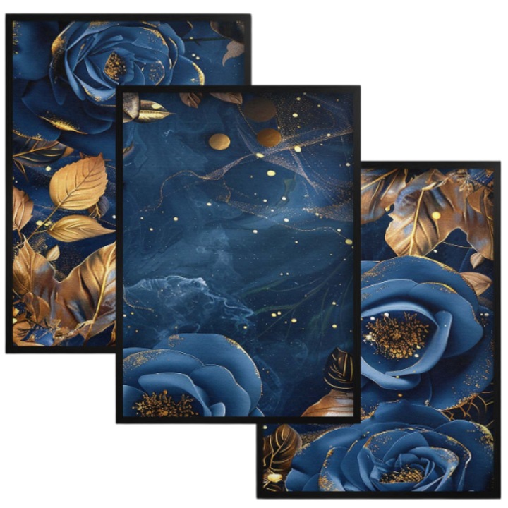Комплект от 3 картини, Наклейкомания, златни и тъмносини цветя, 30x40 см