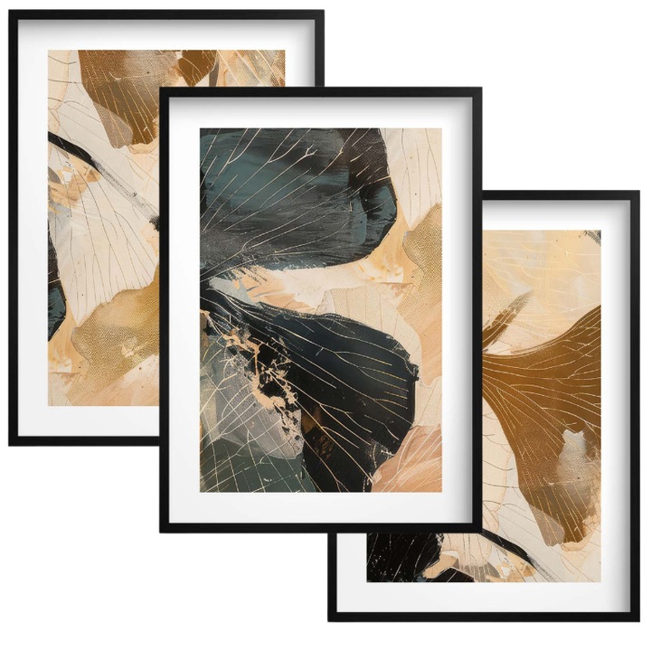 Set 3 Tablouri Decorative, Zlote Kwiaty, 30x40cm, Cadru Negru