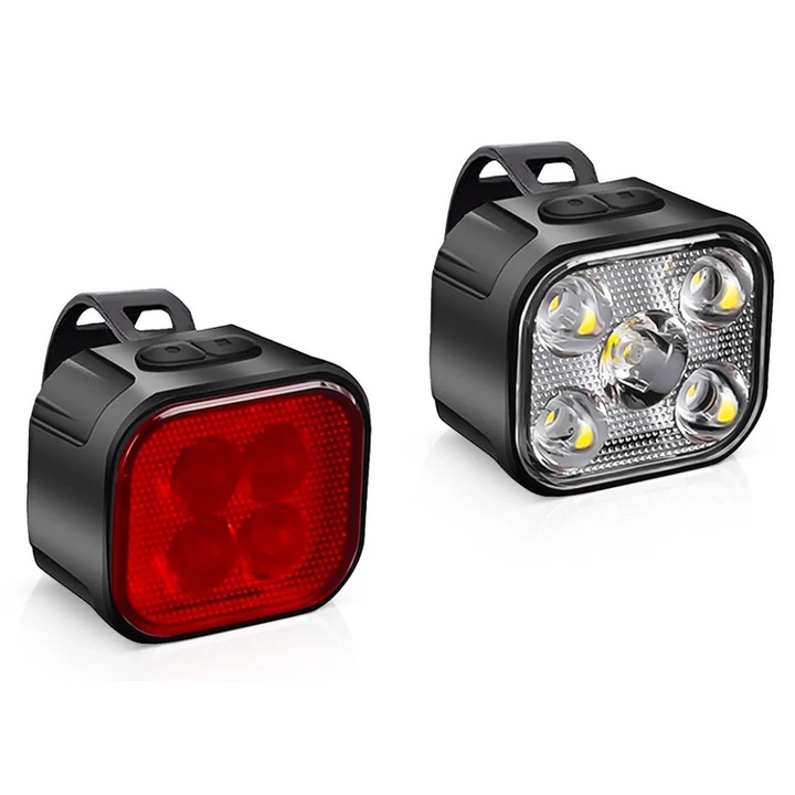Комплект USB LED велосипедни светлини, BK-L325, предни и задни, 1 x акумулаторна батерия, водоустойчиви, висока яркост, 20 режима на осветление, многоцветни