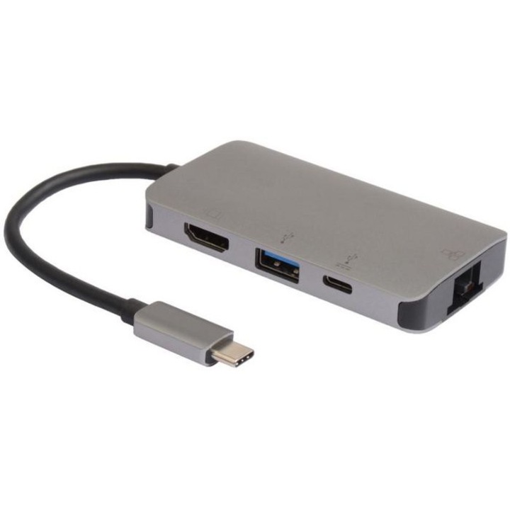 Хъб USB-C 4-в-1 MicroConnect, HDMI, USB-A, RJ45, 100W, 4k60Hz