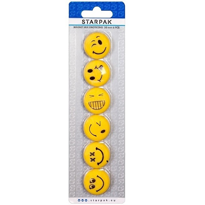 Комплект магнити емотикони Smiley Face, 6 Броя, 30 мм, Жълт