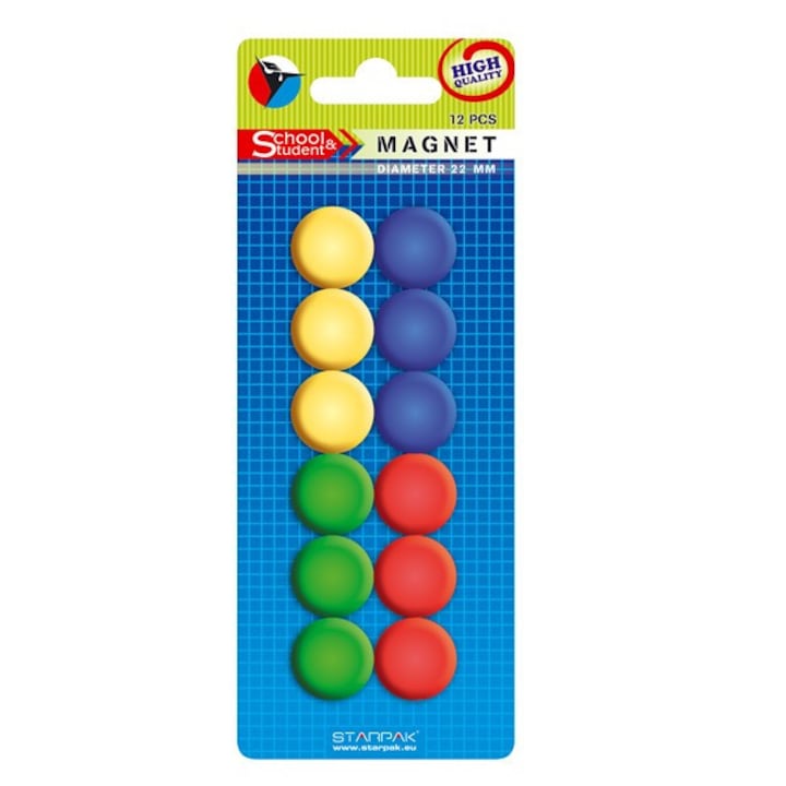 Магнити за магнитна дъска, Цветни, Диаметър 22 мм, Комплект от 12 броя