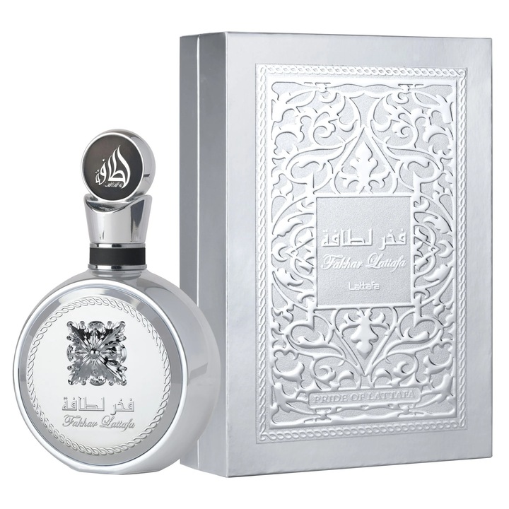 Set Apa de Parfum Fakhar Platin, Lattafa, Unisex, 100ml cu mostra 2ml
