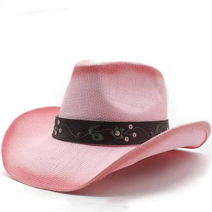 Palarie roz, stil cowboy, de vara, handmade, cu accesoriu detasabil, Skylar