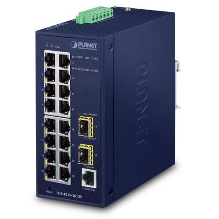 Switch felügyelet nélkül Planet IP30, 16 portos 10/100/1000T, 2-P 100/1000x SFP, kettős tápegység 12~48VDC/24VAC