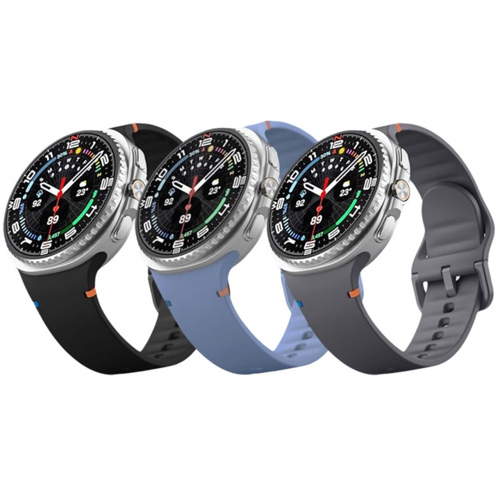 Set 3 curele smartwatch MATCHEASY, Pentru Samsung Galaxy Watch 8, Silicon, Negru/Albastru/Gri, 40mm/44mm/46mm