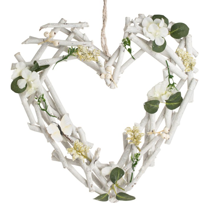 Függő Dísz, Fa, Dekoratív Szív, Virágok & Pillangó, Fehér, 40x5x40cm, MYONNA IT & E-COMMERCE ®