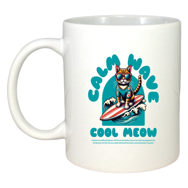 Cana Calm wave cool meow, Ceramica, Cri-Flo, 330ml, Culoare alb