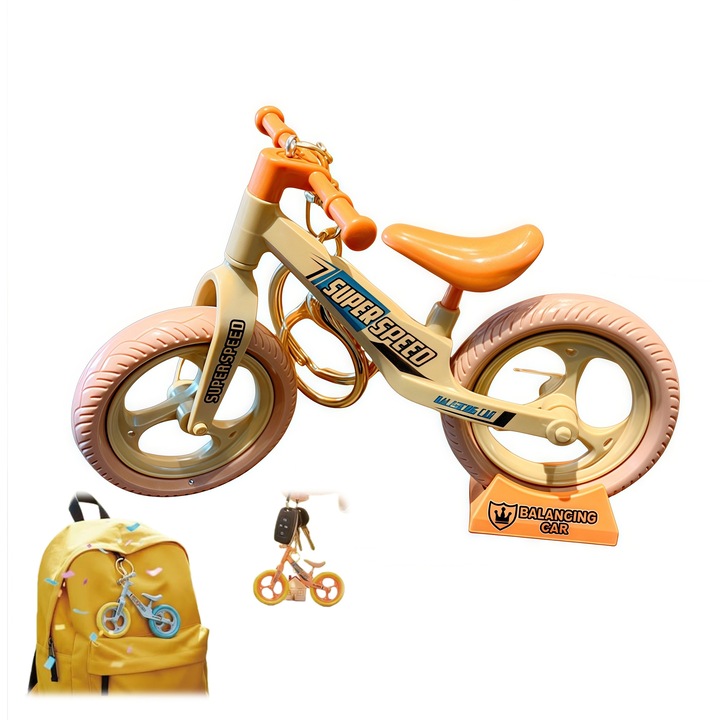 Breloc bicicleta miniatura cu roti mobile, breloc creativ decorativ pentru chei sau birou, galben