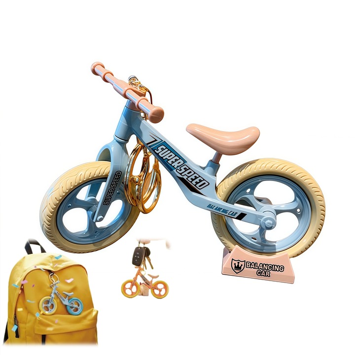 Breloc bicicleta miniatura cu roti mobile, breloc creativ decorativ pentru chei sau birou, albastru