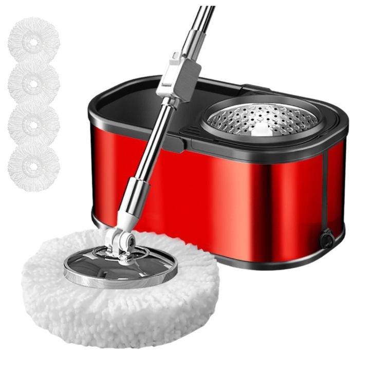 Set galeată mop cu centrifugă 360°, Arvada MagicClean, inox, rosu, 42x26x22cm, 4 rezerve