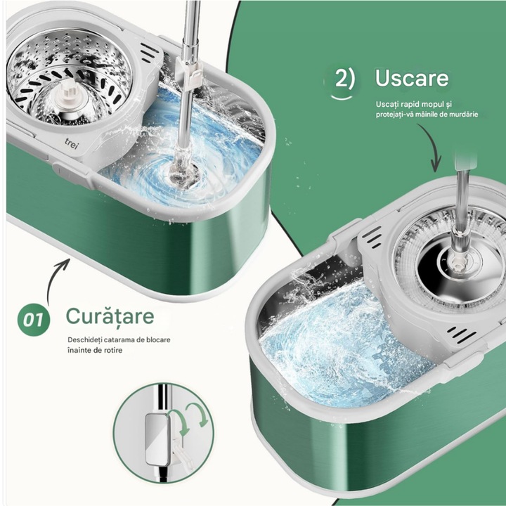 Set galeată mop cu centrifugă 360°, Arvada MagicClean, inox, rosu, 42x26x22cm, 4 rezerve