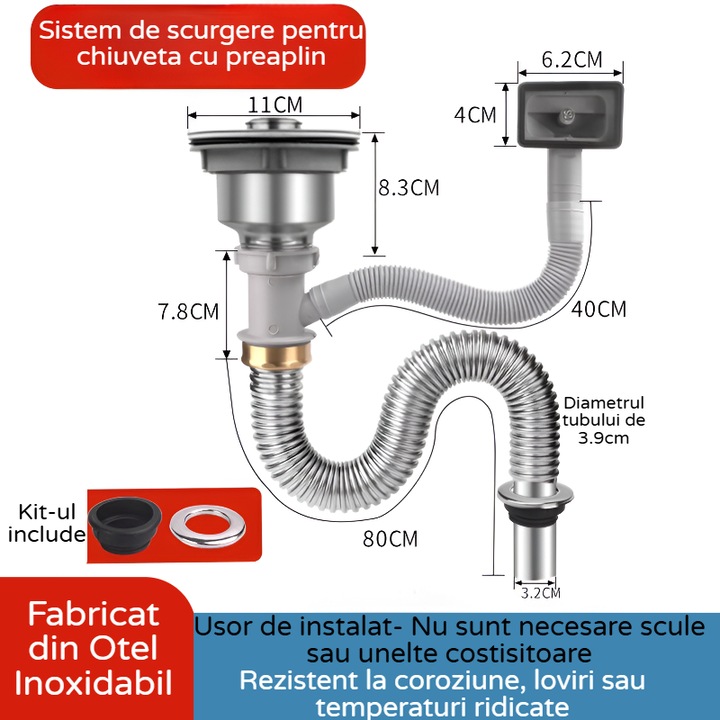 Sifon Chiuveta cu Preaplin din Inox, Kit Complet, Include Ventil cu Sita si Capac Ø11cm, 80Cm Lungime, Flexibil, DN32, Reductie DN40 si Masca Incluse