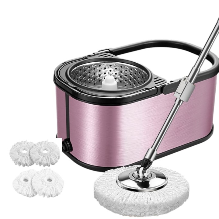 Set galeată cu mop, centrifugă, Arvada MagicClean, inox, rotire 360°, ovală, 42x26x22cm, 4 rezerve, gri/lila