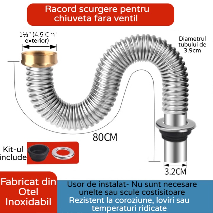 Сифон за мивка от неръждаема стомана, дължина 80 см, гъвкав, DN32, редукция DN40 и маска включени