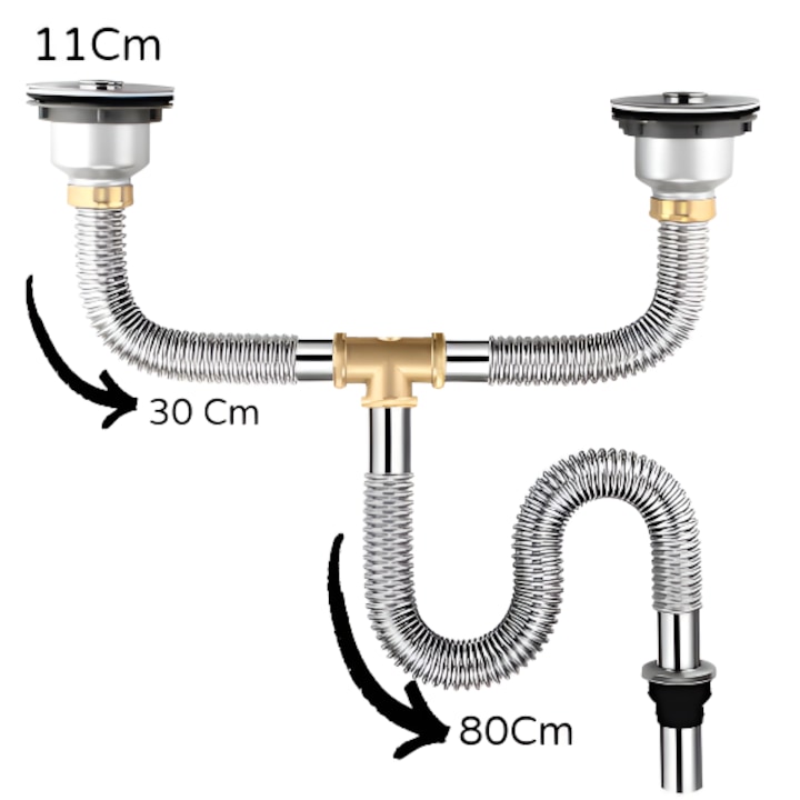 Sifon Chiuveta Dubla din Inox, Kit Complet, Include Ventil cu Sita si Capac Ø11cm, 80Cm Lungime, Flexibil, DN32, Reductie DN40 si Masca Incluse