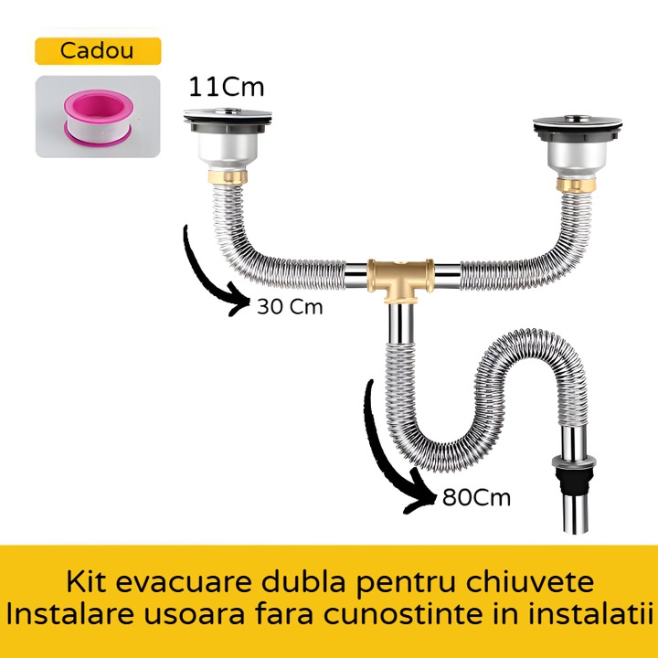 Сифон за двойна мивка от неръждаема стомана, пълен комплект, включва вентил с цедка и капак Ø11 см, дължина 80 см, гъвкав, DN32, редукция DN40 и маска.