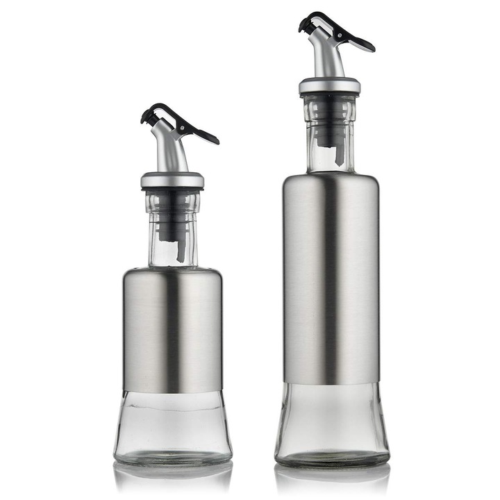 Set 2 oliviere, pentru otel si ulei, cu picurator, 200/300 ml, inox/Sticla