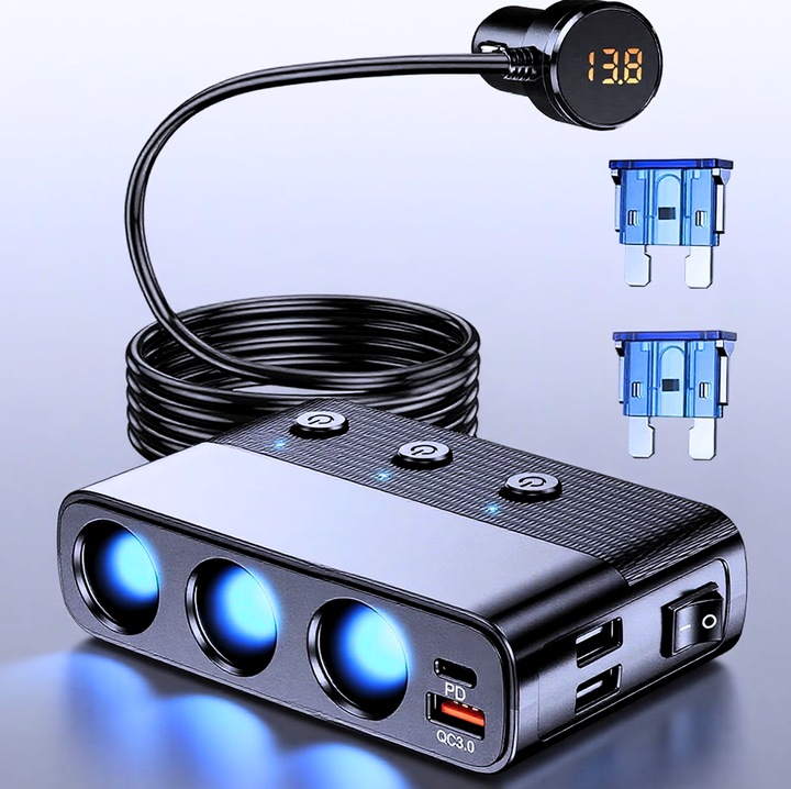Adaptor Bricheta AUTO cu 3 Prize si 4 Porturi USB QC3.0/PD, Incarcare Rapida, Splitter cu Afisaj LED, 3 x USB, Q.C 3.0, 1 x USB-C, Comutatoare Individuale, Cablu 1m, 127W, Design Compact