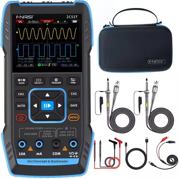 Osciloscop digital FNIRSI 2C53T 3-in-1, 2 canale, 50MHz, acumulator 3000mAh, albastru, 167x89x35mm