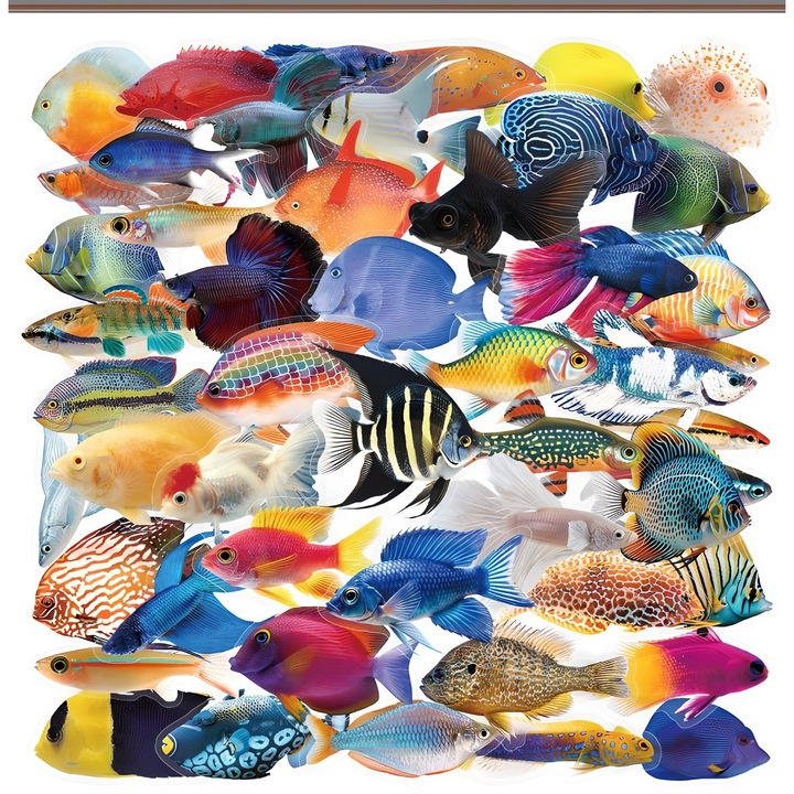 50 de bucati, autocolante transparente HD cu pesti, 4-8 cm, impermeabile, pot fi lipite pe huse de telefon mobil, pahare de apa, carti, DIY, Omelivon®