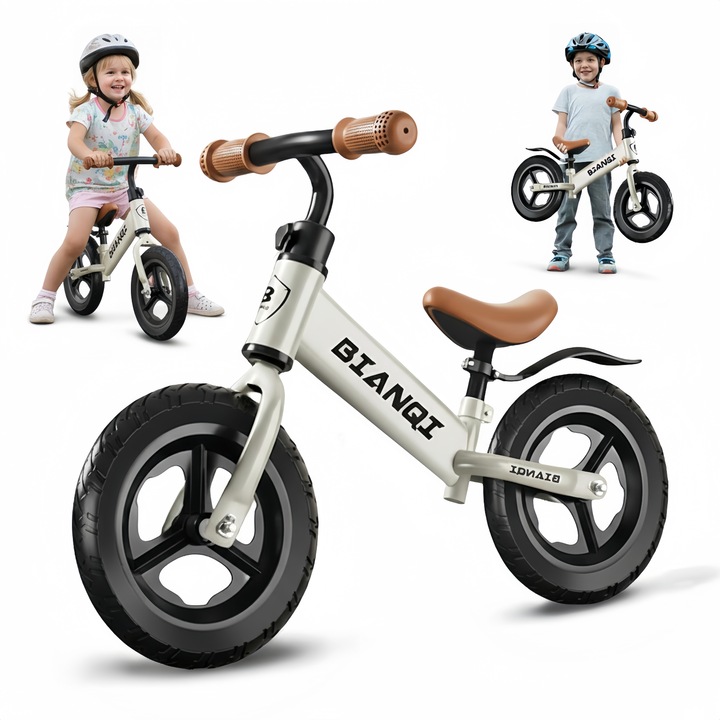 Pedál nélküli kerékpár, gyermek pedál nélküli kerékpár, puha üléssel, 12" kerekekkel, rugalmas, ütéselnyelő pneumatikus kerekek, csúszásmentes kopásálló, állítható ülés, szénacél váz, 360°-ban forgatható kormány, könnyű és tartós, fehér