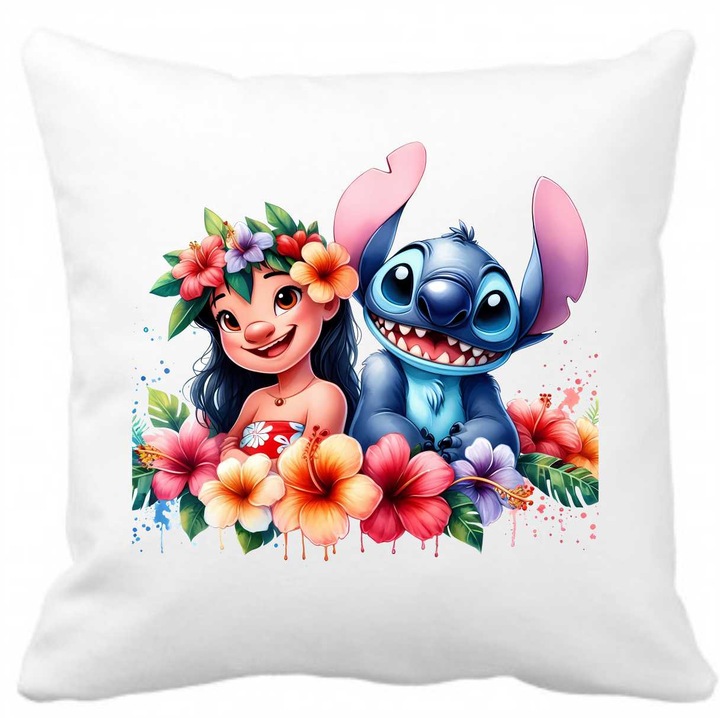 Perna personalizata cu imprimeu LILO-STITCH-3, 40 x 40 cm, poliester, alba, CRD PRINT, 330ml, alba