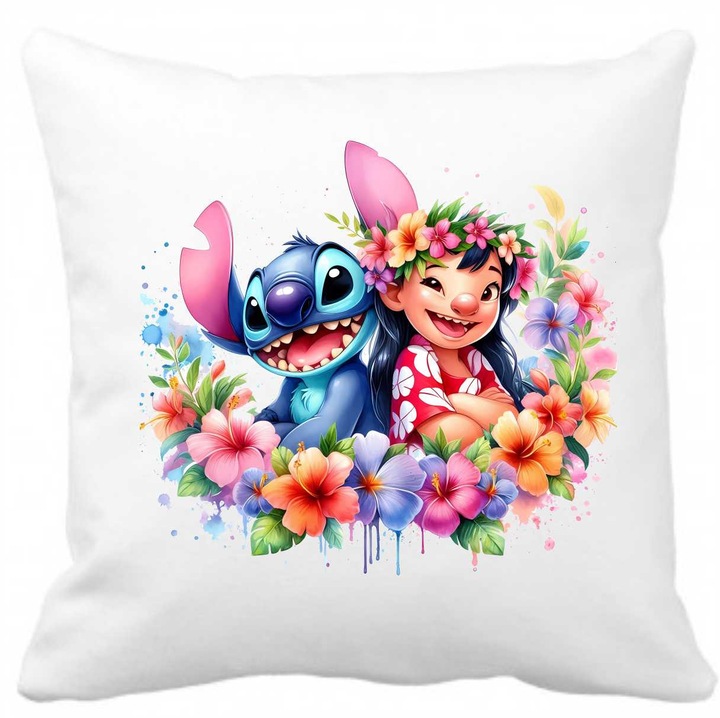 Perna personalizata cu imprimeu LILO-STITCH- 4, 40 x 40 cm, poliester, alba, CRD PRINT, 330ml, alba