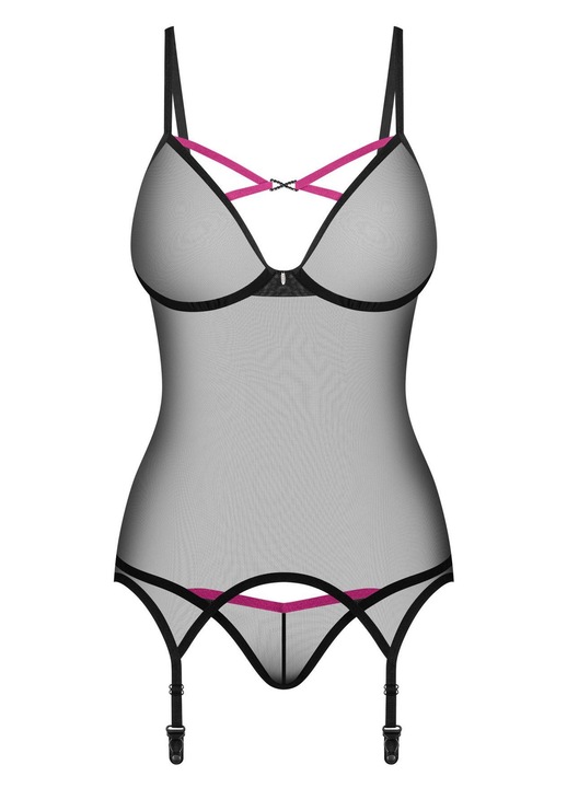 Szexi fehérnemű szett, Obsessive, fűző és tanga, átlátszó, merevítős kosarakkal, poliamid/elasztán, fekete, XL-2XL INTL