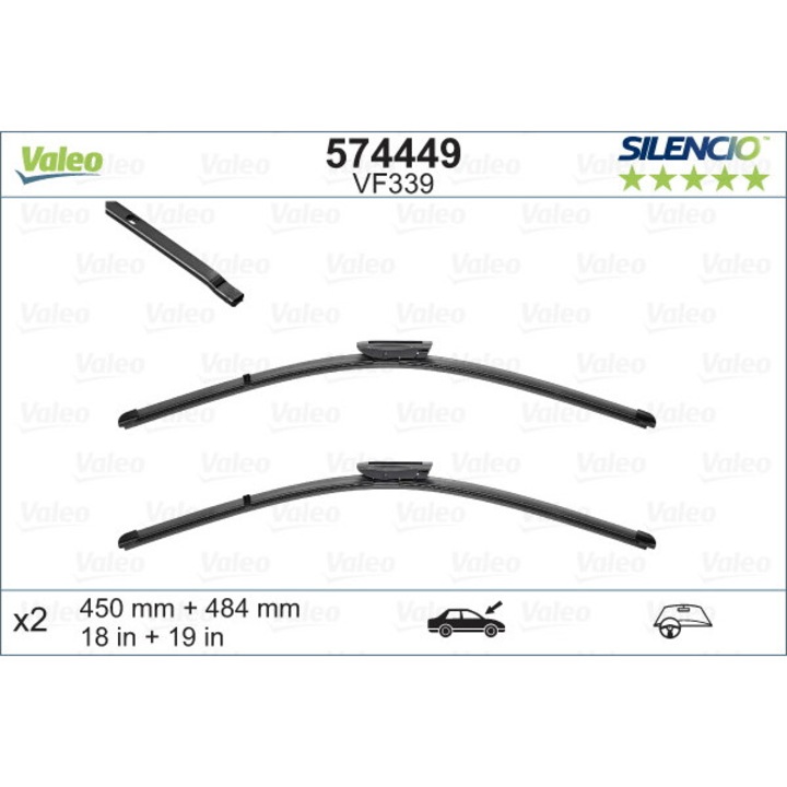 VALEO 574449 ablaktörlő lapátok, 2 darabos készlet, 450x480 mm, balkormányos járművekhez, tartó nélkül, spoilerrel