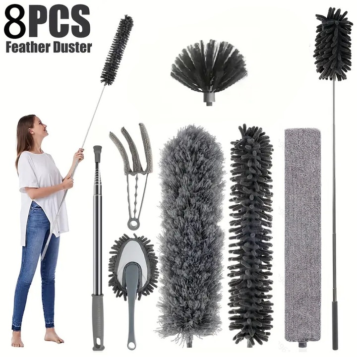 Set pamatuf pentru praf 8 in 1, maner extensibil 240cm, capat flexibil, gri