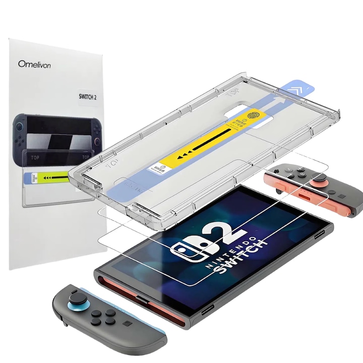 2 db-os képernyővédő fólia Nintendo Switch 2 (2025) konzolhoz, Omelivon, pormentes telepítőkészlet, automatikus igazítás és felhelyezés, 9H edzett üveg, ultra átlátszó, buborékmentes