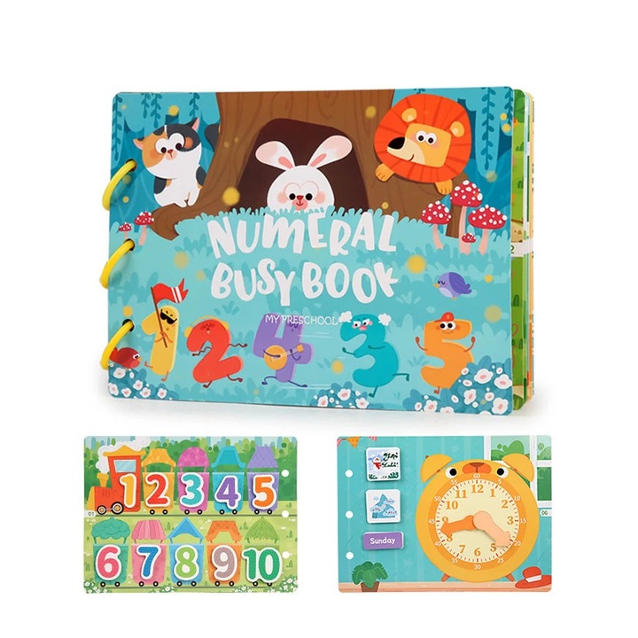 Carte educativă cu stickere reutilizabile Toyska Busy Book Preschool, 10 pagini, numere, 28x20.7x2cm