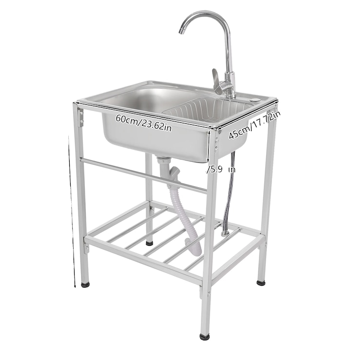 Chiuveta bucatarie din otel inoxidabil, design cu un singur bol, robinet rotativ, drenaj rapid, dimensiuni 60x45x15cm